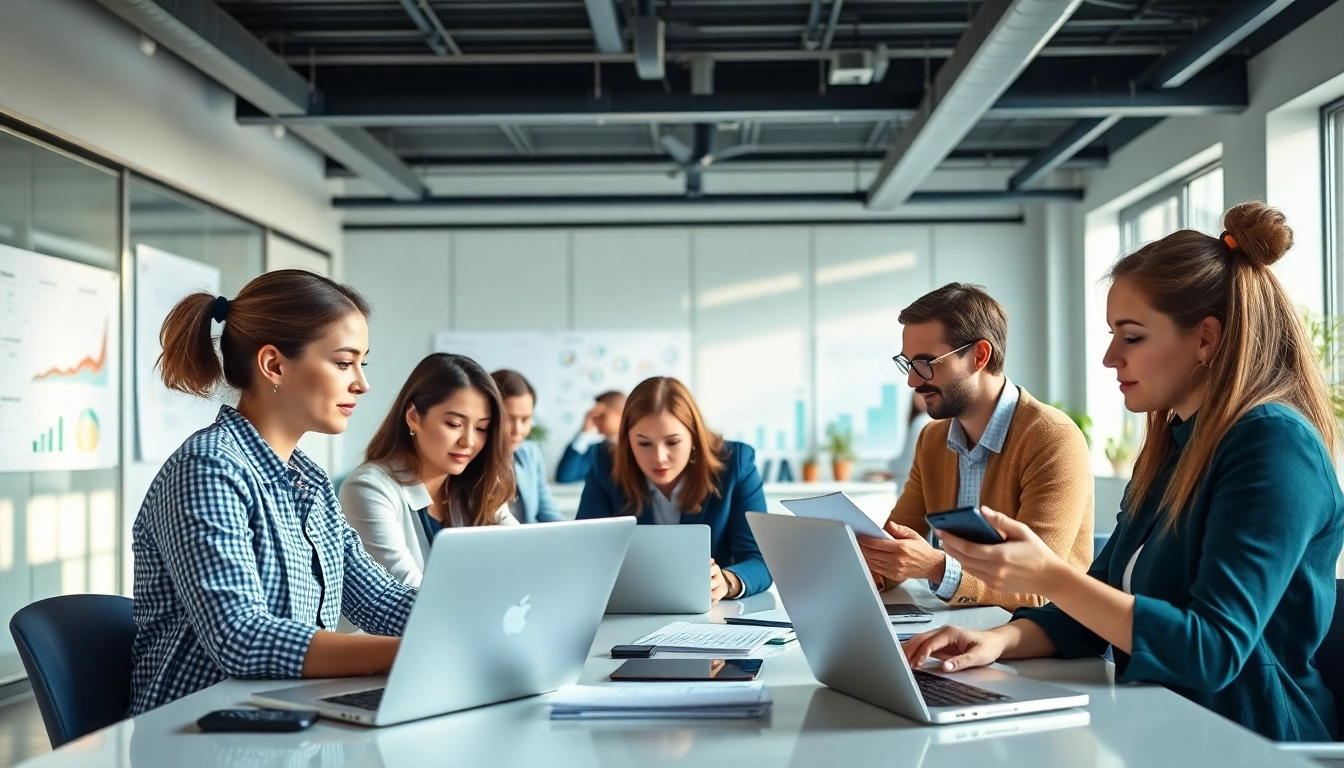 Virtual Assistants engaging in teamwork within a dynamic office environment.