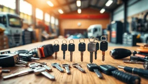 Creating custom truck keys on a workbench with intricate tools and various key styles.