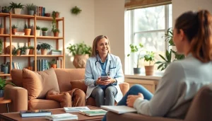 Attachment theory specialist conducting a therapy session in a cozy, inviting office.