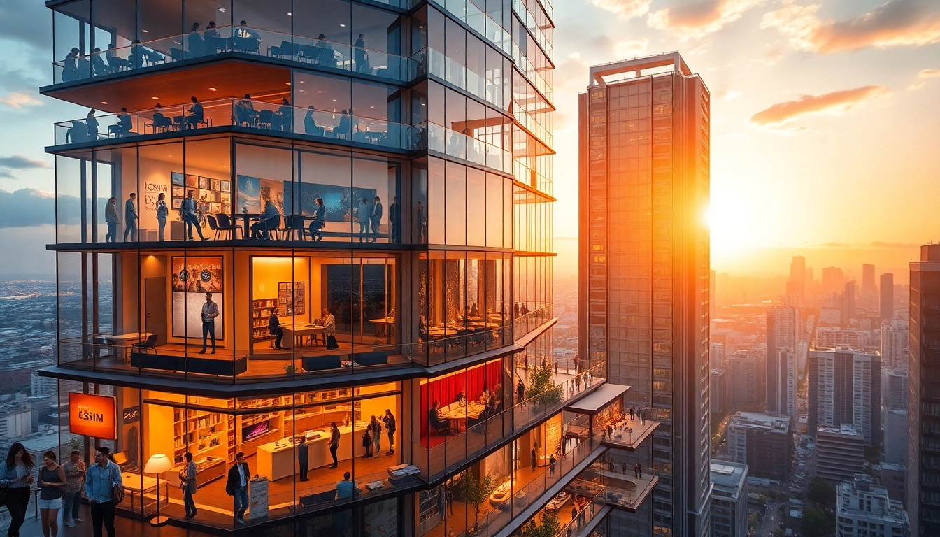 Visual representation of a vibrant sim tower filled with residential and office spaces.