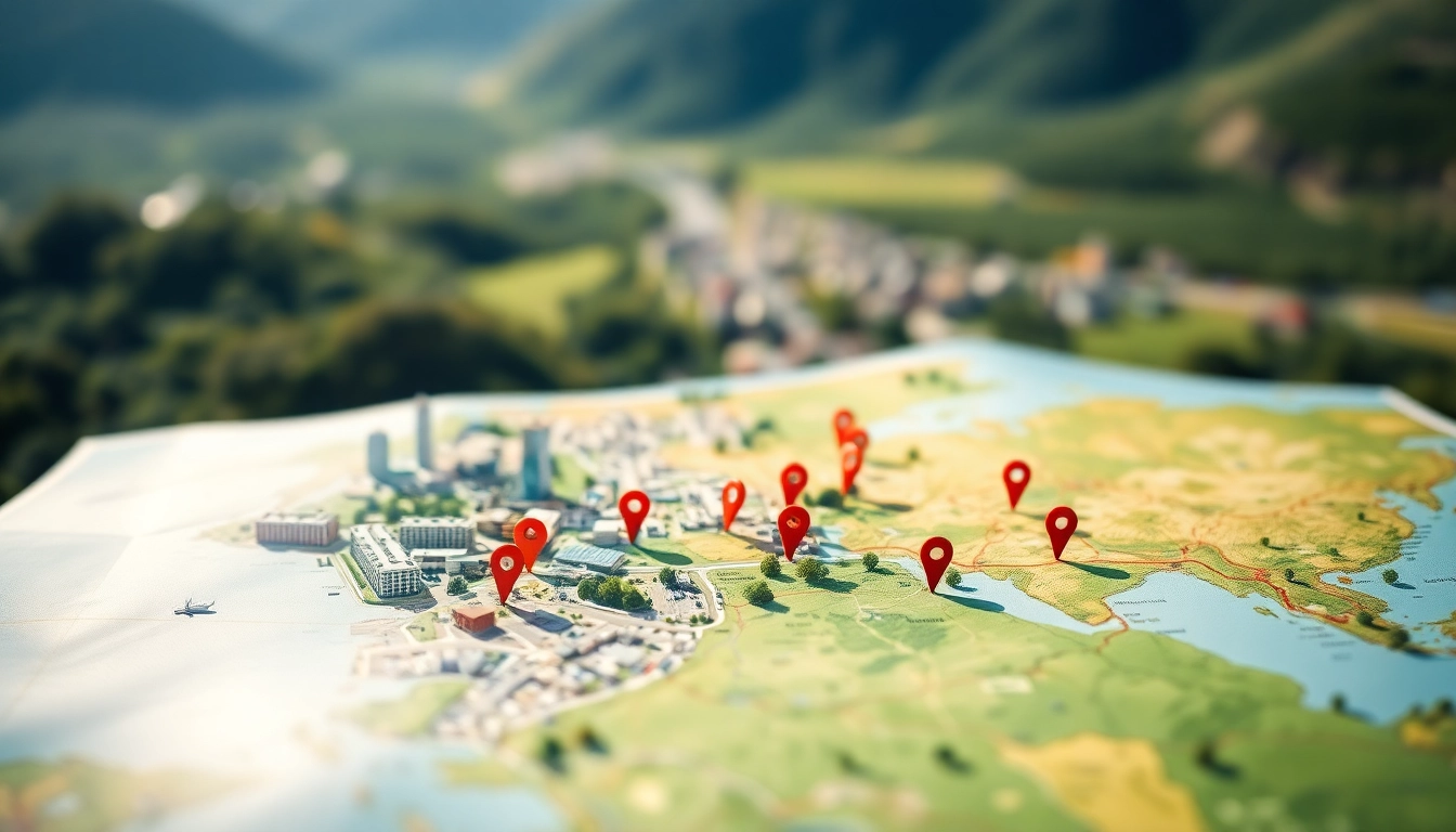 Discover diverse Locations with an engaging geographic map showcasing urban and rural landscapes.