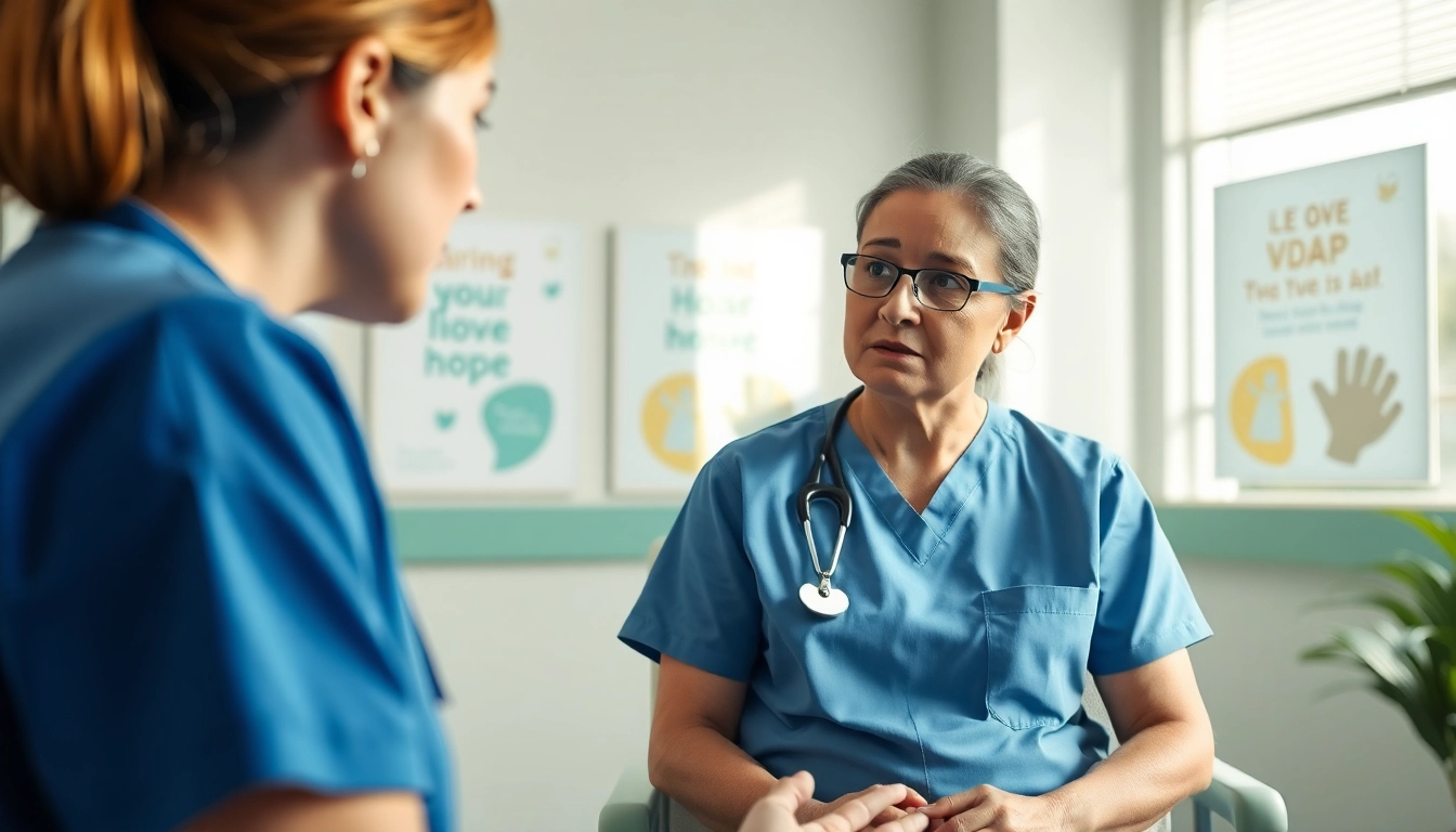 Engaging nurse explaining the VDAP Program in Alabama to a patient in a calming environment.