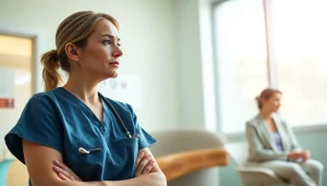 Nurse discussing options with a counselor about the VDAP Program in a supportive clinic setting.