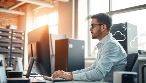 Implementing Backup Services Markham with a professional IT specialist in a modern office.