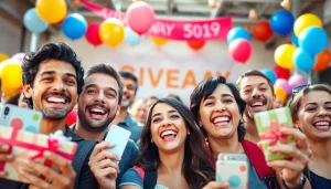 Engaging participants in a giveaway event, highlighting excitement and vibrant prizes.