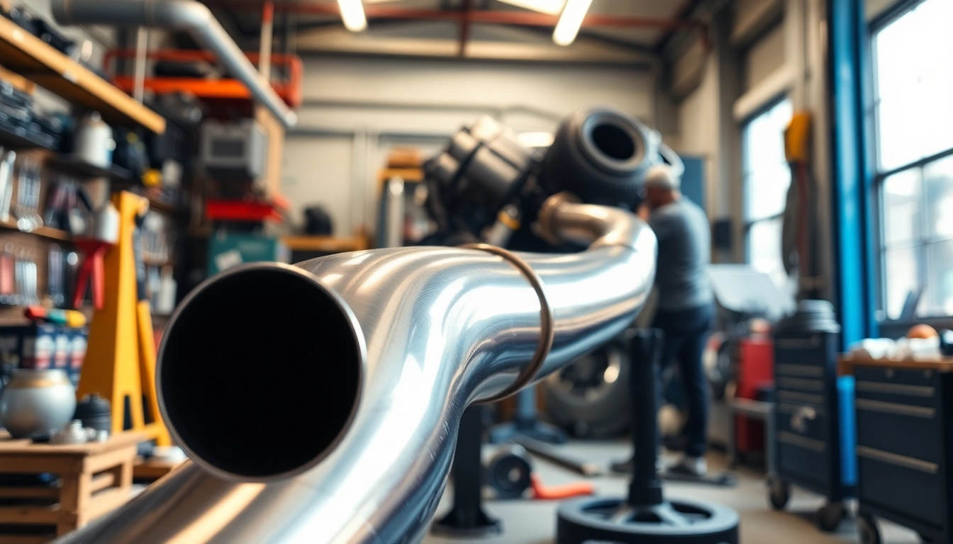 Highlighting the installation of a b46 downpipe in a professional automotive workshop.