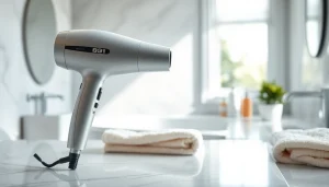Stylish lightweight hair dryer positioned on a marble countertop in a bright bathroom.