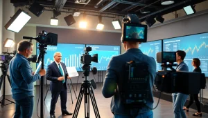 Capturing financial services video production in action with filming crew and presenter.