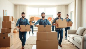 Movers calgary skillfully transporting boxes in a bright, modern home environment.