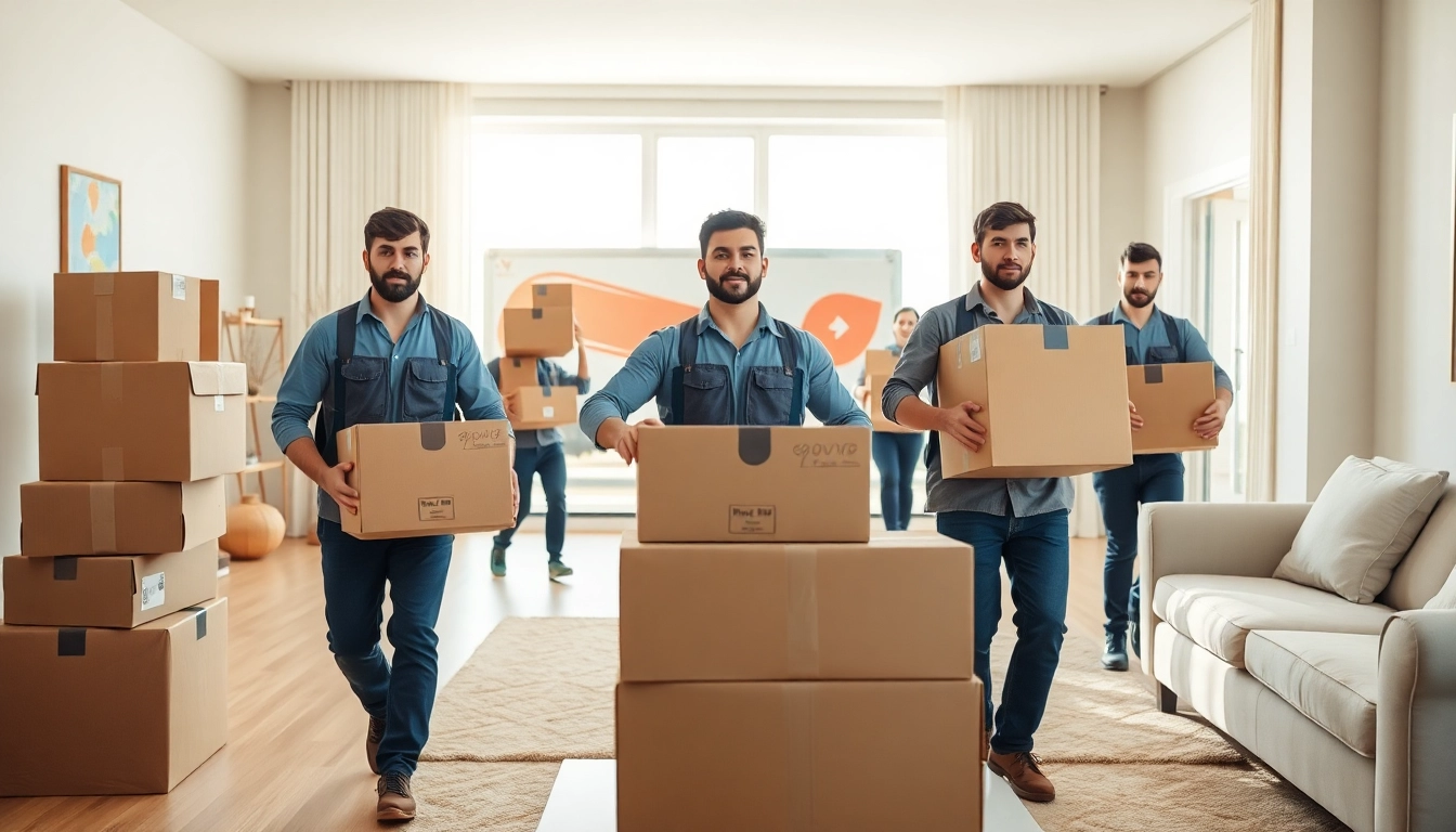 Movers calgary skillfully transporting boxes in a bright, modern home environment.