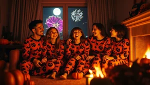 Family enjoying playful moments in Halloween pajamas, illuminated by warm fireplace glow.