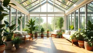 Enjoy the beauty of a tempered glass sunroom filled with sunlight and greenery, offering a peaceful retreat.