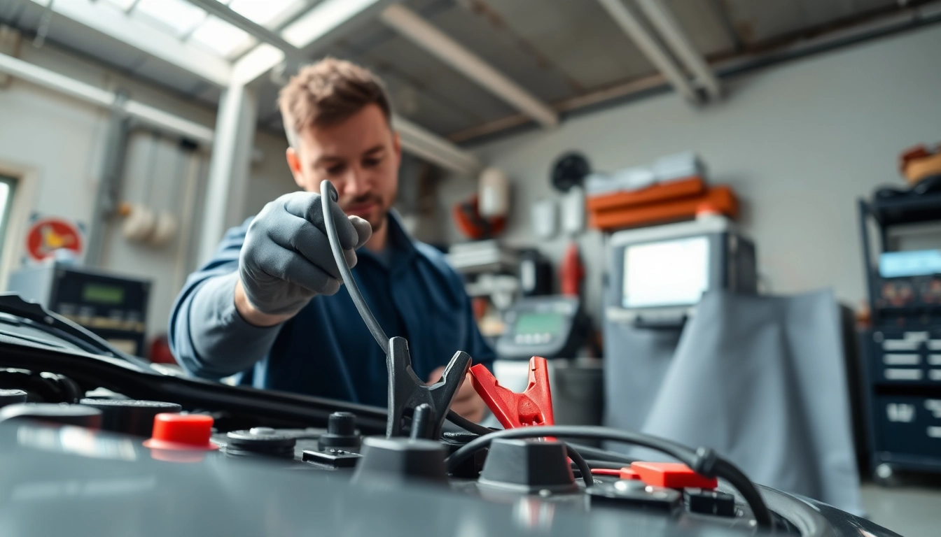 Uruchamianie akumulatora Mikołów - mechanic connecting jumper cables to car battery.