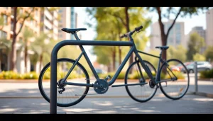 Showcase of a minimalist bike rack featuring sleek design in an urban environment.