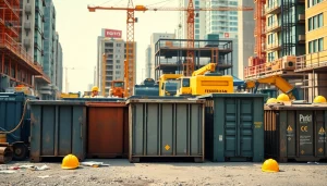 Kontenery na odpady budowlane Katowice w miejskim otoczeniu z różnymi rozmiarami kontenerów.