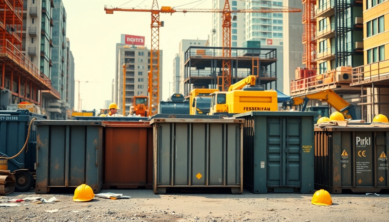 Kontenery na odpady budowlane Katowice w miejskim otoczeniu z różnymi rozmiarami kontenerów.